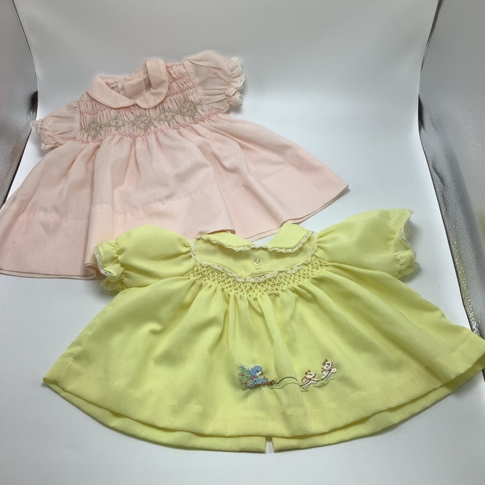 Vintage Newborn Smocked‎ Dresses Lace Trimmed & Embroidered Pink & Yellow